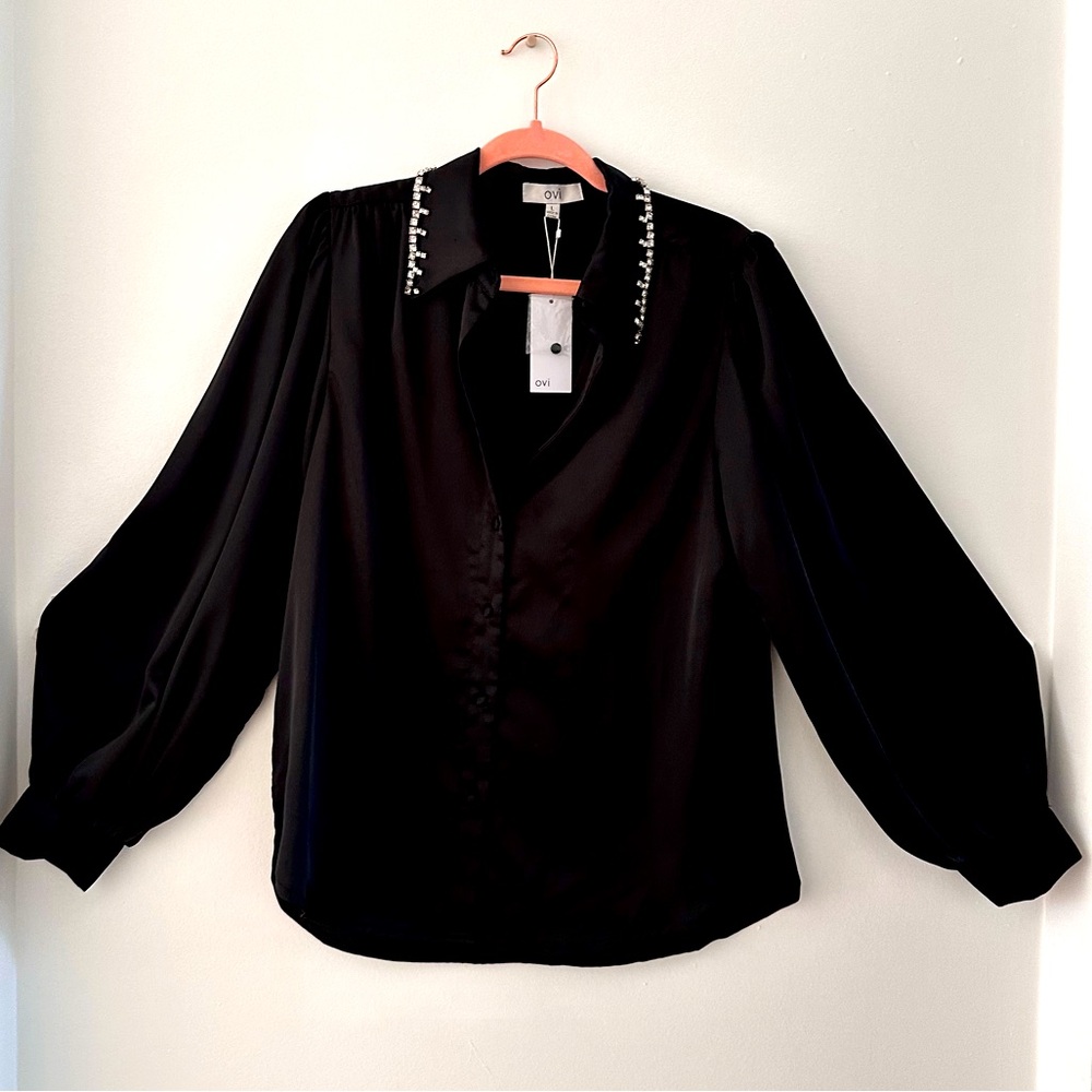 NWT Silk Black Blouse with statement rhinestone collar!